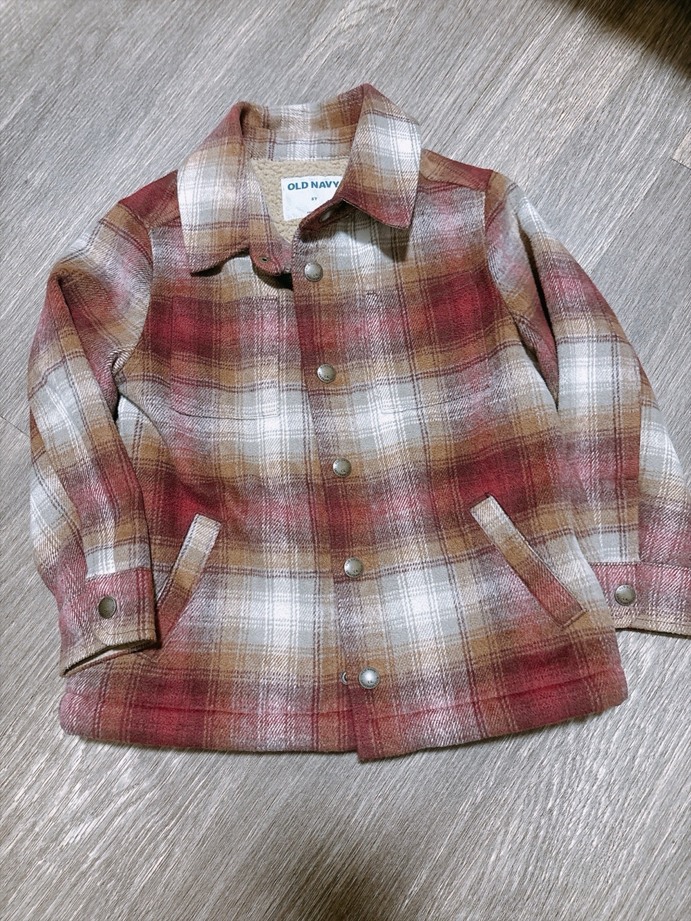 Old Navy Kids Plaid Pea Coat in Burgundy, Brown & Cream